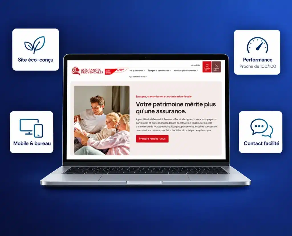 Site Assurances Provençales présenté sur un ordinateur, avec ses points forts : éco-conception, performance et affichage mobile.